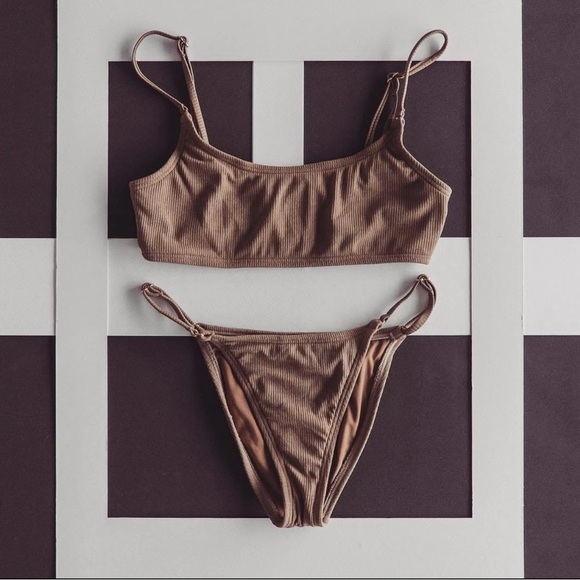 JLUXLABEL Brown Ribbed Bikini Set - Picture 1 of 3